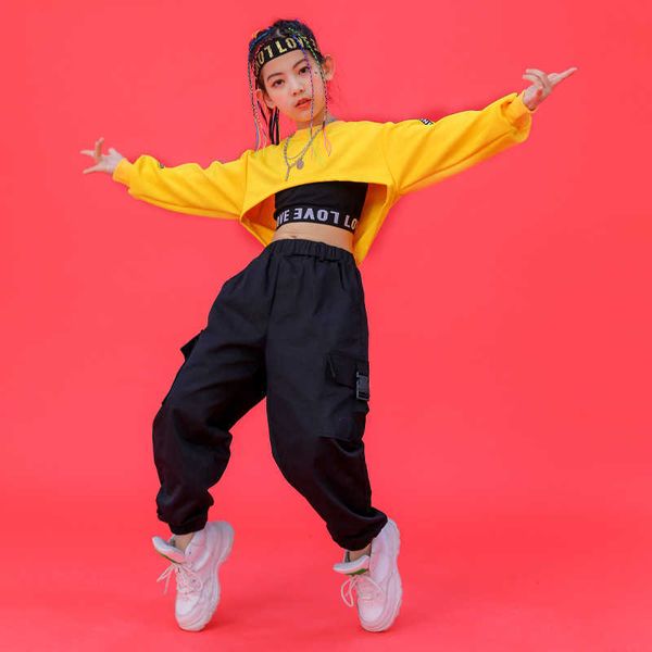

children hip hop clothing sets sweatshirt black vest crop cargo pants for girls jazz dance costume school dancing tracksuits p230331, White