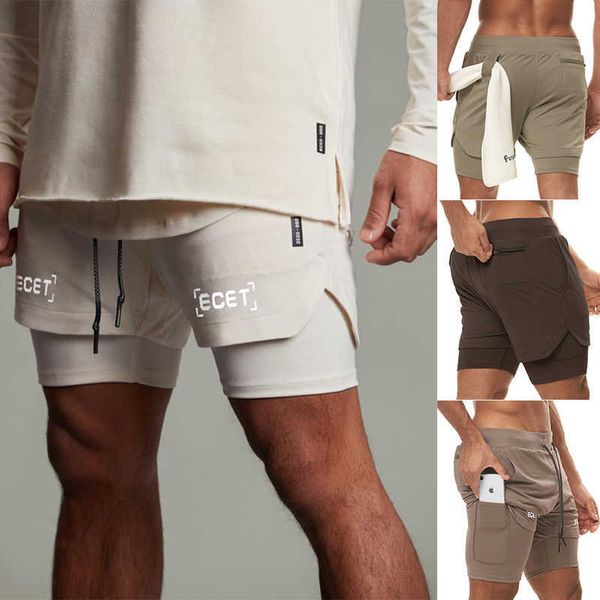 

men's shorts 2021 mens new summer running 2 in 1 sports jogging fitness training quick dry gym sport gym 5 colors short pants p230308, White;black