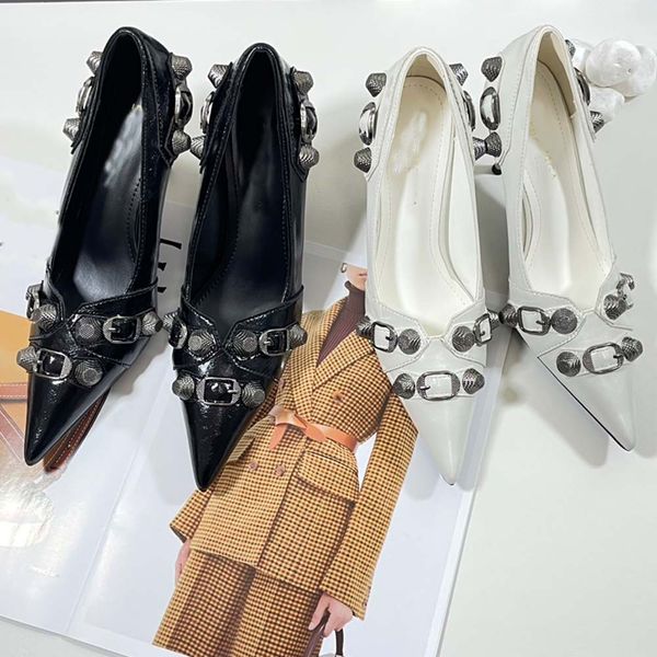 

luxury brand high heel single shoes 2023 spring new vintage metal rivet shallow cut cowhide pointed thin high heel v-notch large spicy girl, Black