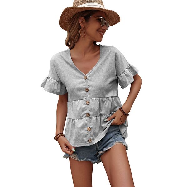 

loose v-neck ruffle short sleeve t-shirtv, White