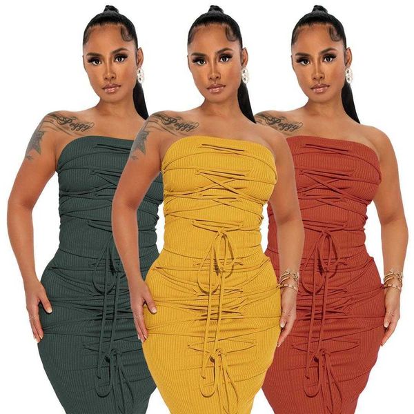

womens sunken stripe lace up strapless dress suit two piece set, White