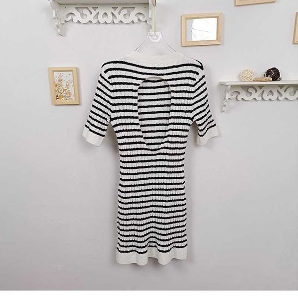 

casual dresses designer chic chest letter 2023 early spring new logo open back navy knit stripe short sleeve dress 66mt, Black;gray