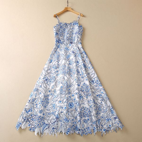 

casual dresses european and american women's clothes 2023 spring new sling blue cutting burn flower fashion pleated dress, Black;gray