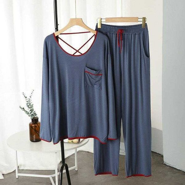 

modal pajamas womens spring and autumn long sleeve large size contrast color