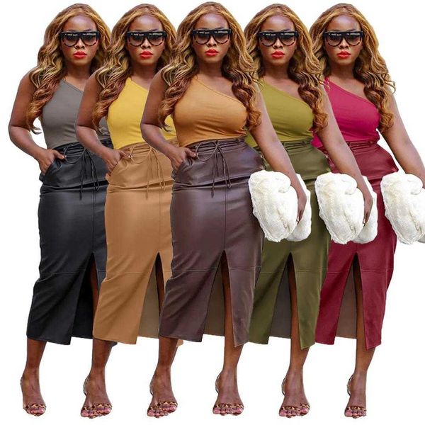

womens solid skirt color fashion stretch split bandage leather, Black