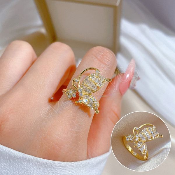 

european and american ins golden butterfly zircon ring for women luxury butterfly crystal banquet wedding jewelry accessories, Silver