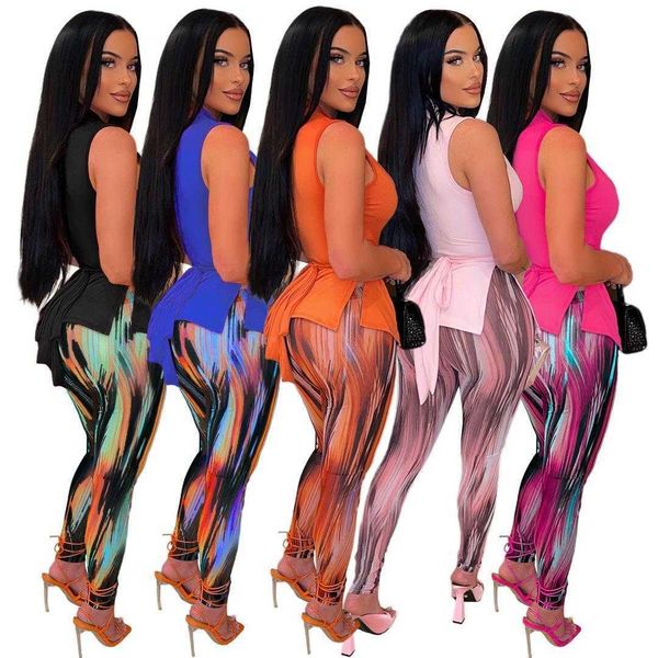 

womens nightclub pants fashion lace up cutout vest split printed suit, White
