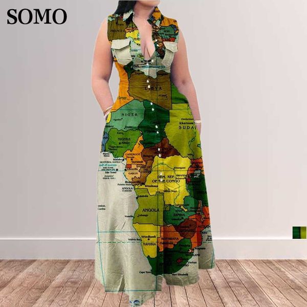 

fashion summer plus size dress casual map printing sleeveless lapel shirt maxi long dresses women wholesale dropshipping, Black
