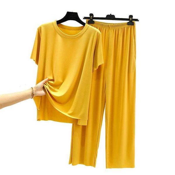 

ice silk mask pajamas short sleeved t shirt womens summer drooping wide leg pants