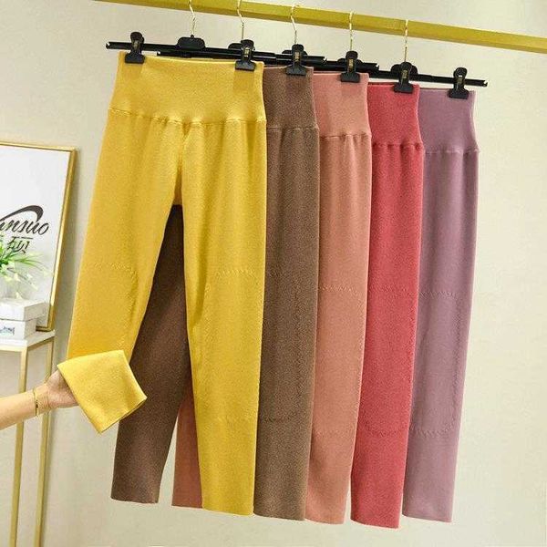 

high waist patch warm keeping pants womens elastic plus size tight thickened long, Black;white