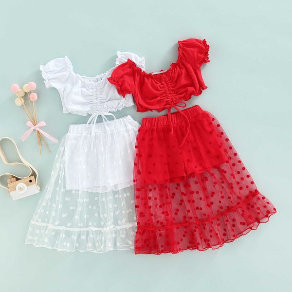 

citgeett summer kids girl's suit ruffle pleated short sleeve with patchwork mesh shorts clothes set p230331, White