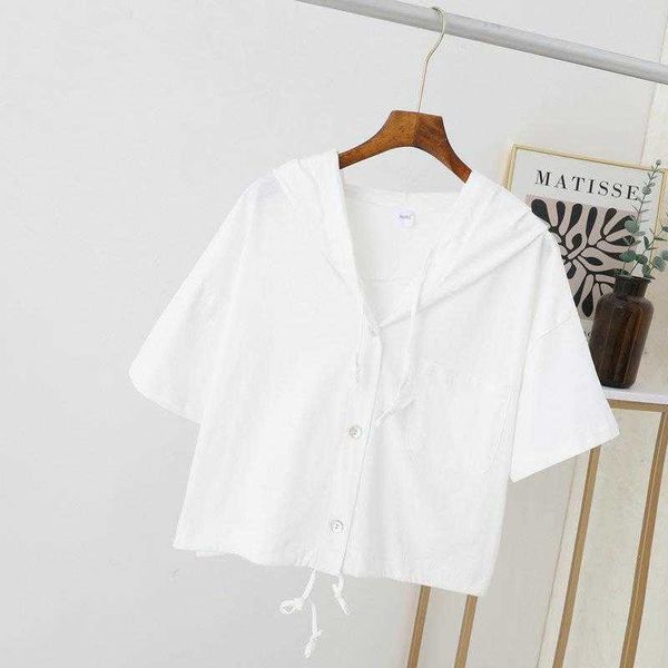 

drawstring hooded cotton t-shirt: large women's summer with pockets, White