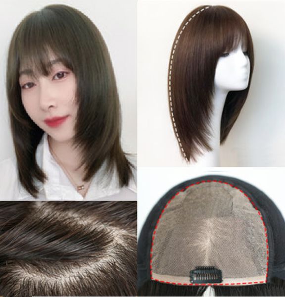 

skin base human hair full wig hairpiece with bang for women. part new silk forehead,110% density, fashion layered design 16inches, Black;brown