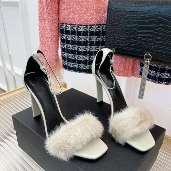 

famous 10cm women sandals slim high heeled formal shoes fashion sandal mink fur real leather soles high heels shoes women's factory sho, Black