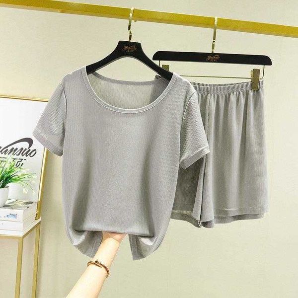 

ice silk thin short sleeved t shirt large size loose home pajamas suit womens