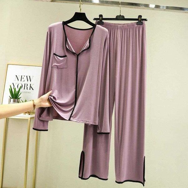 

spring and summer modal v neck bit cotton pocket edge loose plus size pajamas
