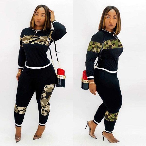 

womens sports suit sweater two pant piece set camouflage stitching running, White