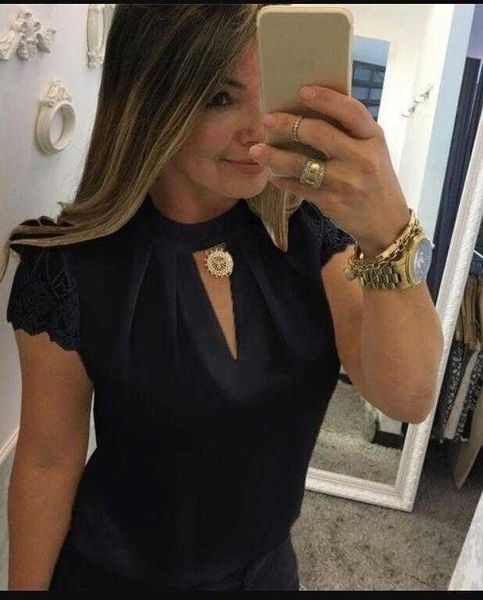 

womens shirt deep v back zipper lace sleeve patchwork stand up collar, White