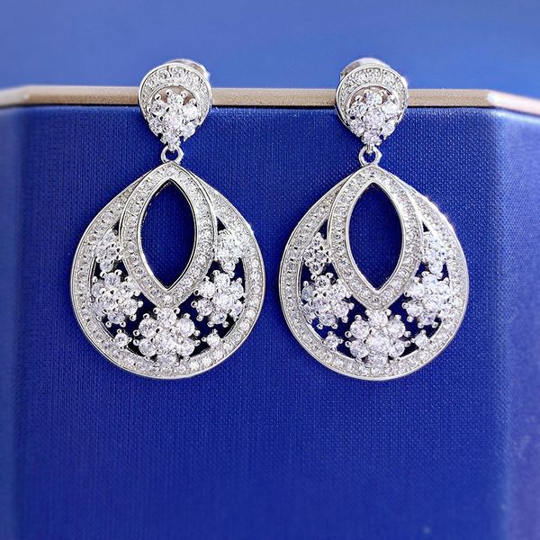 

hollow flower diamond dangle earring 100% real 925 sterling silver wedding drop earrings for women promise engagement jewelry, Golden;silver