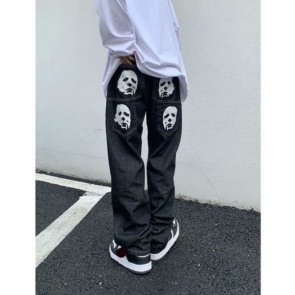 

european and american high street hip-hop loose all kinds of printing straight wide leg jeans retro jeans unisex, Blue