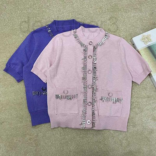 

women's knits & tees designer chic beaded cardigan thin short sleeve pure handmade diamond pink t-shirt female jnfx, White