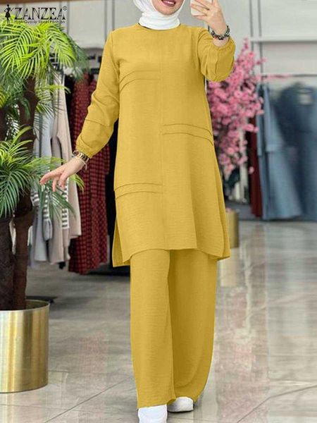 

rukas muslim two piece sets women outifits tracksuit elegant long sleeve blouse wide leg pants sets solid islamic clothing 2023, Red