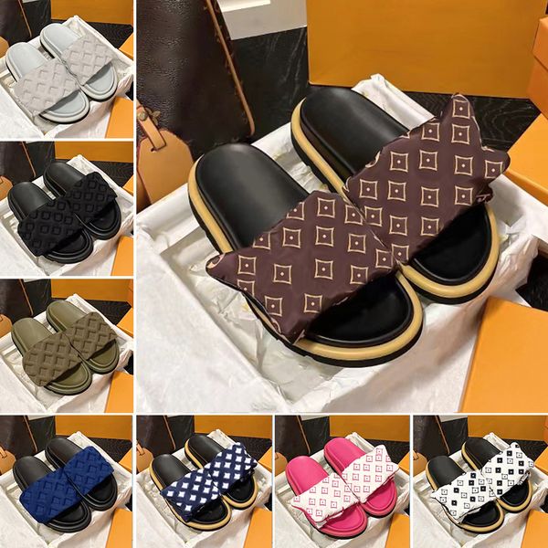 

2023 designers slippers slides pool pillow mules women sandals luxury sunset flat comfort mules padded front strap slippers fashionable easy, Black