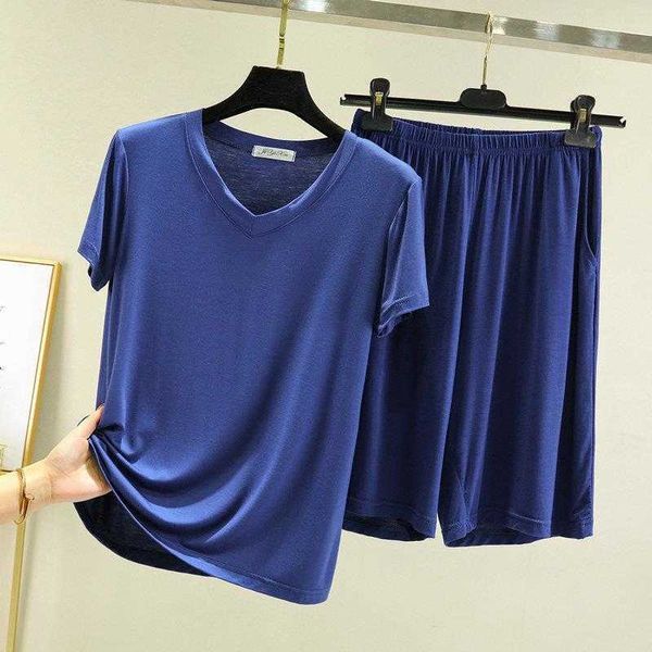 

modal cotton large size v neck short sleeved pocket fifth pants pajamas womens