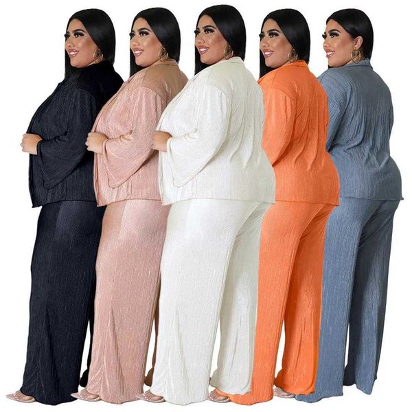 

fashion plus size women pant solid color light pleated wide leg pants 3 piece set, White