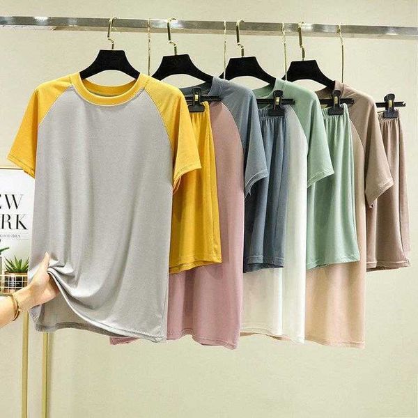 

ice silk raglan color matching pajamas womens summer round neck suit large size