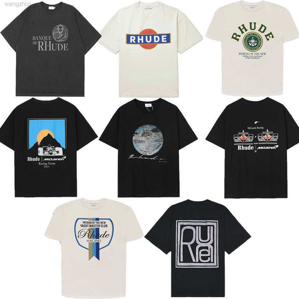

t-shirts rhude summer flag letter print sunset racing high street men's loose round neck couple t-shirt, Black