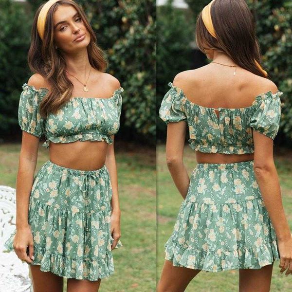 

womens chiffon floral print dresses off shoulder skirt fashion suit, White