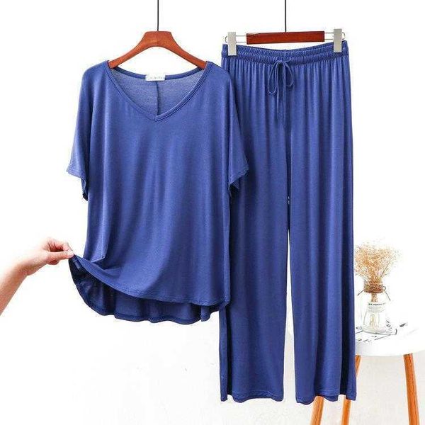 

womens spring and summer modal thin v neck short sleeved wide leg pajamas loose