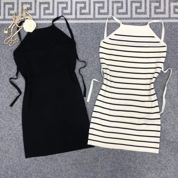 

2023 casual dresses runway designer summer women's sleeveless knitted stripe bodycon dress embroidery pattern sweet high waist sweater, Black;gray