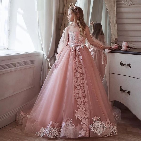

new pink girl princess dress lace puffy flower dresses sleeve cute birthday wedding party baby, White;red