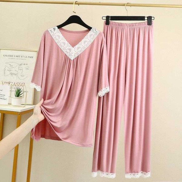 

v neck lace underwear home two piece set spring and summer modal versatile casual