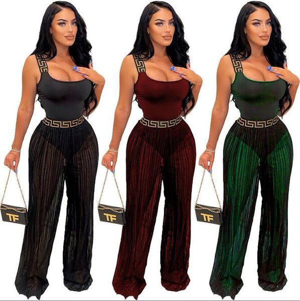 

bodycon women's two piece pants sleeveless vest tee wide leg pants women's clothing, White