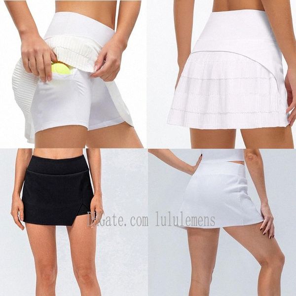 

summer womens lu tennis skirts pleated yoga outfits golf athletica designer sport shorts pant with pocket waist lulu dk16 m1qc#, Black