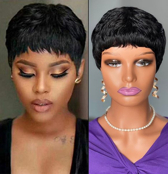 

short pixie cut human hair layered wavy wigs for women, Black;brown