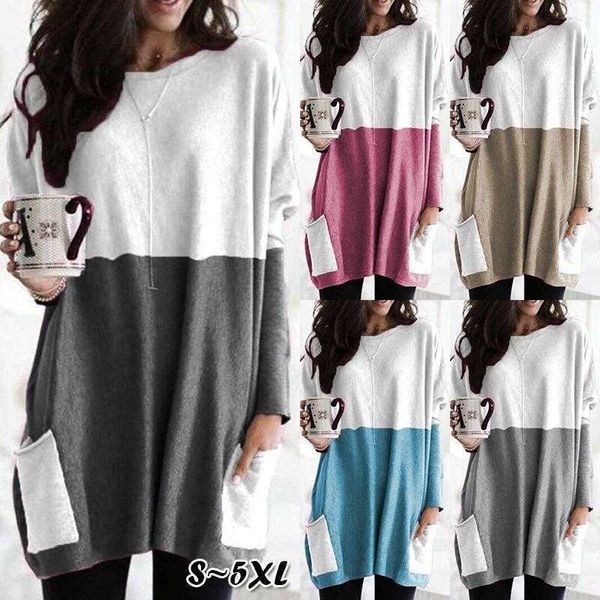

long sleeve color matching casual pocket t shirt womens clothing, White