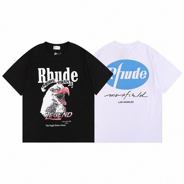

los angeles limited eagle print short-sleeved rhude european and american high street loose all-match short-sleeved t-shirt couple dress h35, White;black