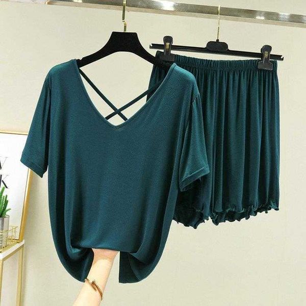 

modal backless t shirt lace shorts outer wear loose slimming beauty back short