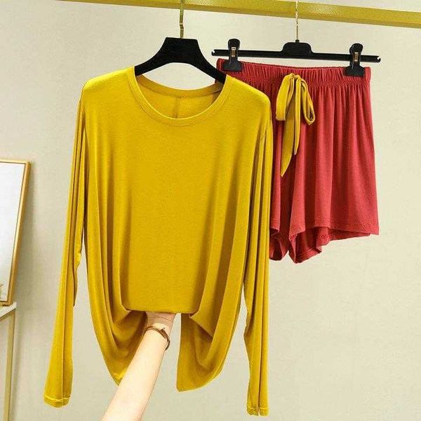 

suit womens modal fall long sleeve pajamas shorts two piece set plus sizes loose