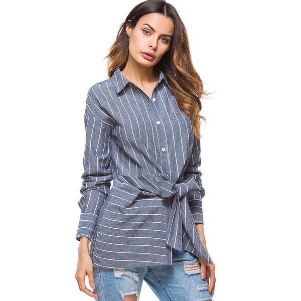 

8108 autumn women clothing shirt stitching bow striped long sleeve top, White
