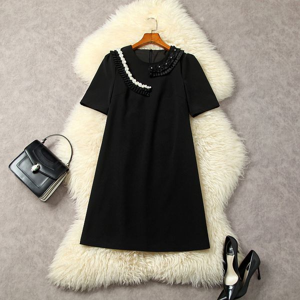 

casual dresses european and american women's clothes 2023 spring new round neck short-sleeved nail fungus fashion black dress, Black;gray