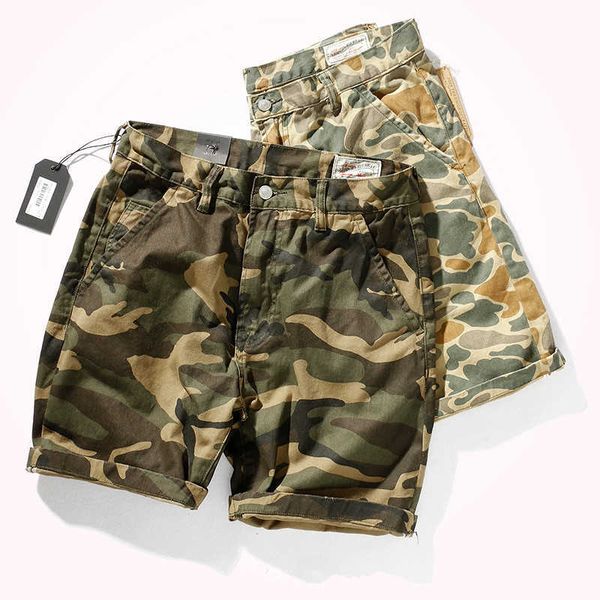 

men's shorts summer new japanese woven camouflage tooling fashion military style retro washed old straight knee length pants p230308, White;black