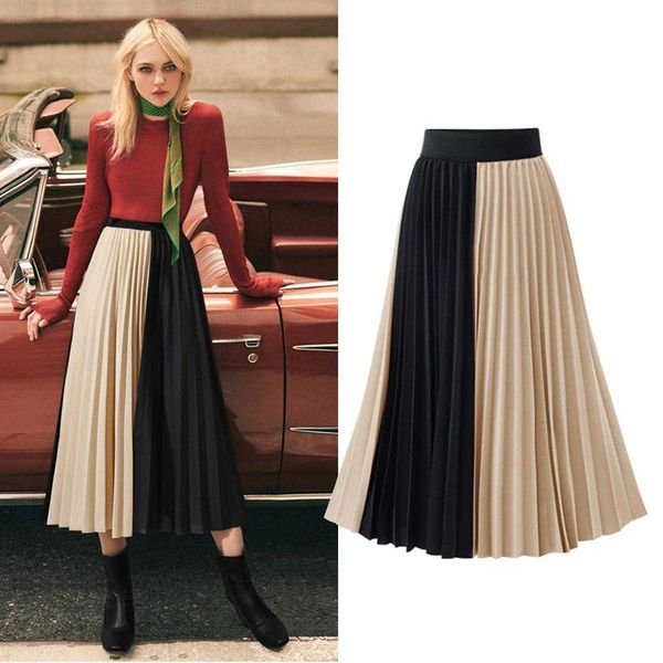 

chiffon skirt fashion colorblock large hem summer empire pleated, Black