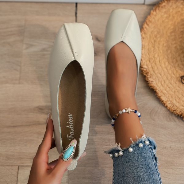 

shoes 2024 new women's shoes, spring and autumn square-toe low-heeled flat shoes, women's slippers, bean shoes, Beige