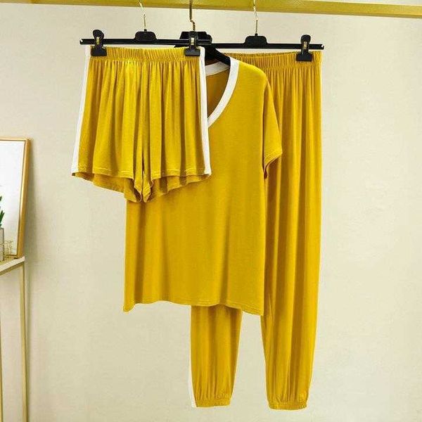 

large size pajamas womens modal cotton v neck short sleeved trousers thin summer