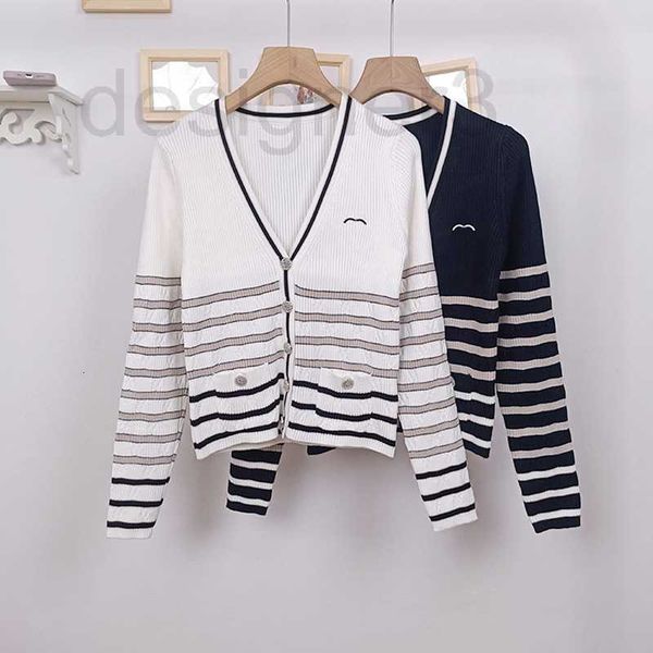 

women's sweaters designer early autumn new stretch black and white stripe v-neck letter embroidery knitted cardigan sweater coat women, White;black